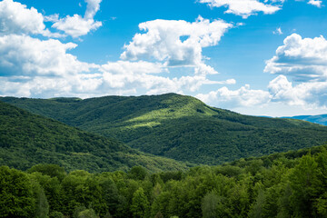 Scenic view of transcarpathia at summer. Nature beauty. Springtime landscape of mountain. Grassy field, rural scenery.