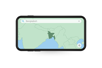 Searching map of Bangladesh in Smartphone map application. Map of Bangladesh in Cell Phone.