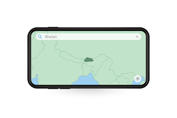 Searching map of Bhutan in Smartphone map application. Map of Bhutan in Cell Phone.