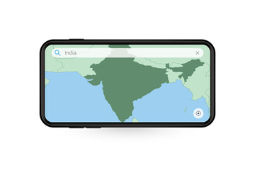 Searching map of India in Smartphone map application. Map of India in Cell Phone.