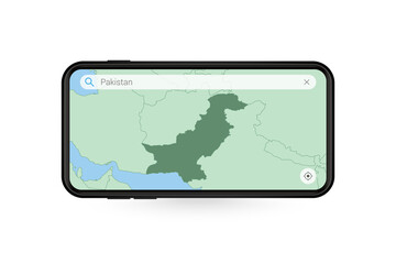 Searching map of Pakistan in Smartphone map application. Map of Pakistan in Cell Phone.