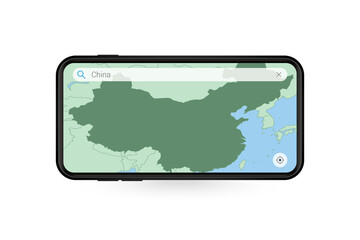 Searching map of China in Smartphone map application. Map of China in Cell Phone.