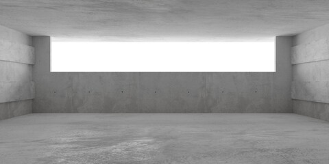 Abstract empty, modern concrete room with wide opening on the back wall and rough floor - industrial interior background template