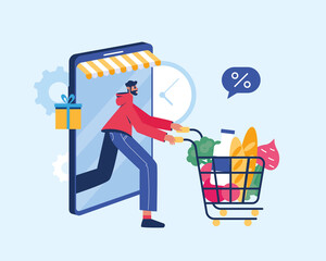 Online grocery store concept. Man with groceries coming out of smartphone. Trendy flat style. Vector illustration.