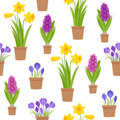 Vector seamless pattern of first spring flowers isolated on white.