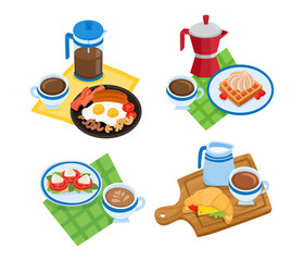 Cartoon set with different types of breakfast isolated on white