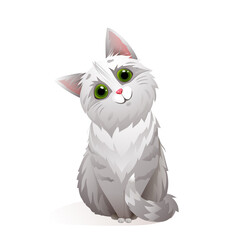 Adorable cat smiling looking with big begging eyes, funny and fluffy kitten mascot. Cute cat vector illustration cartoon.