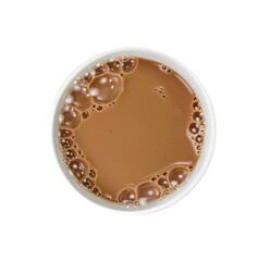 Chocolate milk puddle in glass isolated on white background, top view