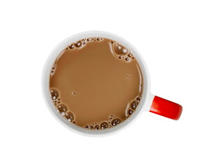 Chocolate milk puddle in glass isolated on white background, top view