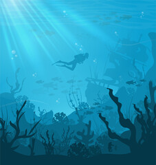 Underwater Background with Fishes, Sea plants and Coral Reefs.