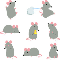 Collection of eight illustrated mice in different poses 