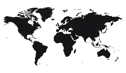 World map. World map vector, isolated on white background. Flat Earth, black map template. Globe similar world map icon. Travel worldwide.