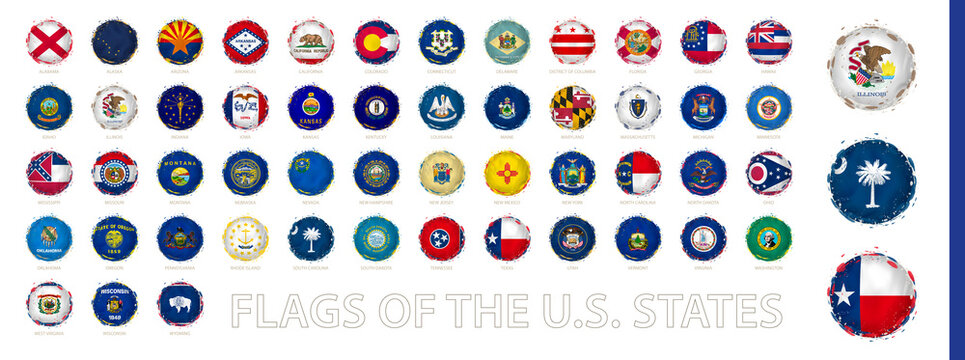 Collection of round grunge U.S. state flags of with splashing.