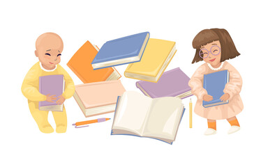 Boy and girl holding books and smiling, toddlers learning, science education, smart kids and stacks of books. Vector cartoon illustration