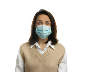 Mature woman in protective mask feeling fear on white background