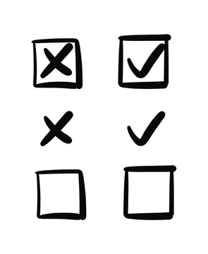 Vector Hand Drawn Ckeck and Cross Marks, Right and Wrong, Check List Elements, Black and White Illustration.
