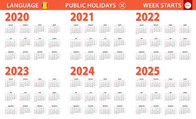 2020-2025 year calendar in Romanian language, week starts from Sunday.