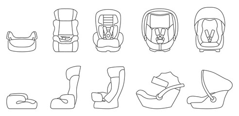 Baby car seat vector outline set icon. Vector illustration safety chair on white background. Isolated outline set icon baby car seat.