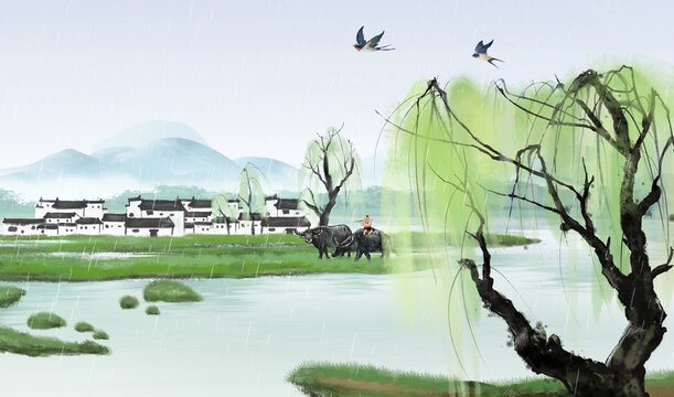 Hand painted Chinese style Jiangnan ink landscape painting