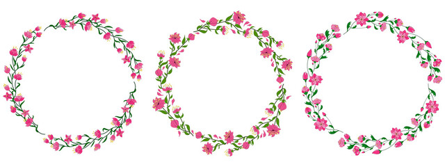 Abstract fantasy circlet of flowers set. Pink wreath template collection. Round garland frame isolated on white. Floral motifs clip art for greeting card, flyer, sticker, print, promotional material