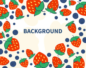 Colorful background with strawberries and blueberries. Vegetarian posters with organic berries. Place for your text. Vector