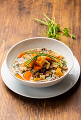 Beef stew with potatoes, carrots and herbs
