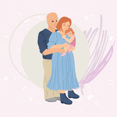 Family portrait. European nationality, father and mother hug the child, daughter in her arms. Vector cartoon flat illustration