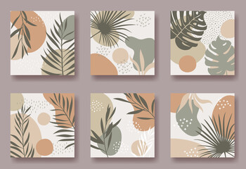 Fototapeta na wymiar Set of six vector square backgrounds with abstract ornament and plants