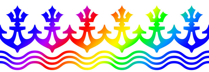 Rainbow anchors and waves. Nautical seamless patterns. Template for fabric or wrapping. Sea. Ocean. Ship. Marine. Fulcolor linear seamless ornament for cards. Symbol. White background. Frame, border. 