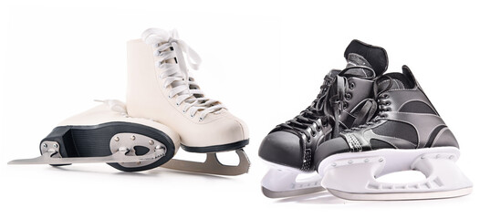 Ice hockey skates and figure skates isolated on white - obrazy, fototapety, plakaty