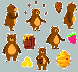 vector set of stickers on the forest theme. flat image
 stickers with a bear in different poses