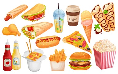 Fast food vector icon set. Crepes, hamburger, wok noodles, hot dog, shawarma, pizza and others for takeaway cafe design. Illustration of street food.