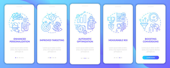 Fototapeta premium Smart content benefits navy onboarding mobile app page screen with concepts. Online business walkthrough 5 steps graphic instructions. UI, UX, GUI vector template with linear color illustrations