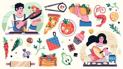 Set of illustrations related to cooking with yong man and woman on the kitchen, kitchenware, and decoration elements. Vector illustration