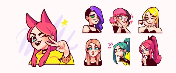 Set of streamer gamer girls expression stickers or badges. Vector illustration © stonepic