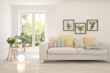 White living room with sofa and summer landscape in window. Scandinavian interior design. 3D illustration