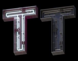 Metal neon font with On and Off. Letter T. 