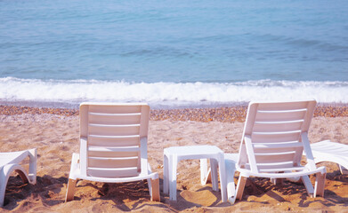 Failed tourist season, covid-19, epidemic concept. Empty beach, nobody on the beach. Beautiful blue sky, hot weather. Beach with no travellers and tourists.