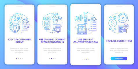 Smart content tips navy onboarding mobile app page screen with concepts. Efficient workflow walkthrough 5 steps graphic instructions. UI, UX, GUI vector template with linear color illustrations