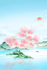 A tree full of pink flowers in the sun. Oriental gradient ink illustration