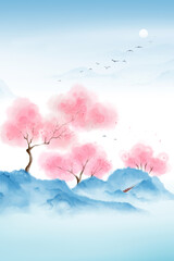 The light blue mountains have trees full of pink flowers.Oriental ink painting，Blue Mountain ink illustration