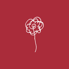 a flower icon isolated on red background. white outline, hand drawn vector. abstract rose logo. doodle art for label, cover, poster, banner, greeting, invitation, clipart, sticker. nature background.