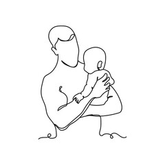 Continuous one line of father and baby in silhouette. Minimal style. Perfect for cards, party invitations, posters, stickers, clothing. Black abstract icon.