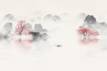 Hand painted Chinese style landscape painting © 心灵艺坊