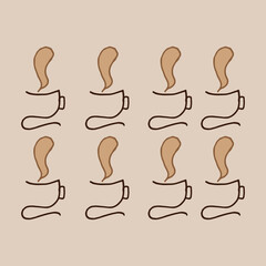 set of cup of coffee isolated on brown background. abstract shape of cup with aroma. hot coffee icon. hand drawn vector. doodle art for logo, label, poster, banner, sticker, clipart, backdrop, advert.