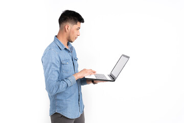 Latin man with laptop in hands on white background