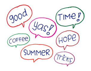 set of speech bubble with text isolated on white background. hand drawn lettering-good, yas, time, hope, coffee, summer, tricks. comic book style. doodle art for logo, label, poster, banner, clipart.