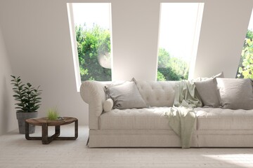 White living room with sofa and summer landscape in window. Scandinavian interior design. 3D illustration