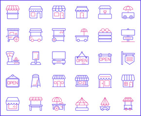 Set of vendor and store Icons line style. Contains such Icons as shop, sign board, shopping, street food, vendor booth, food cart, market And Other Elements. customize color, easy resize.