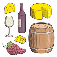Set of objects. Food and alcohol drink. Bottle of red wine, wineglass, barrel, grapes, cheese wheel and slices of cheese. Colored vector illustration in retro style